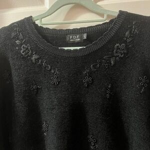 Retro 80s Black Knit Sweater Embellished Floral Crew Neck Pullover Woman's Large